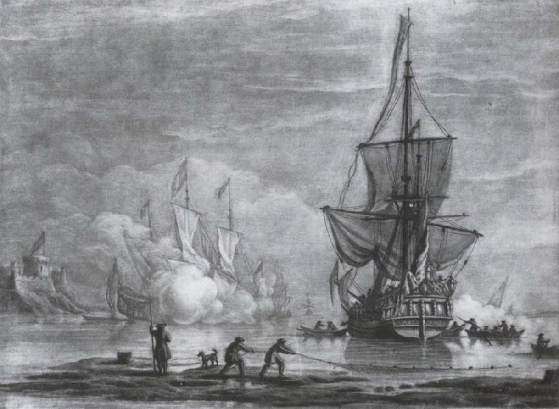 Monamy, Peter Calm scene of a yacht offshore with another ship firing a salute